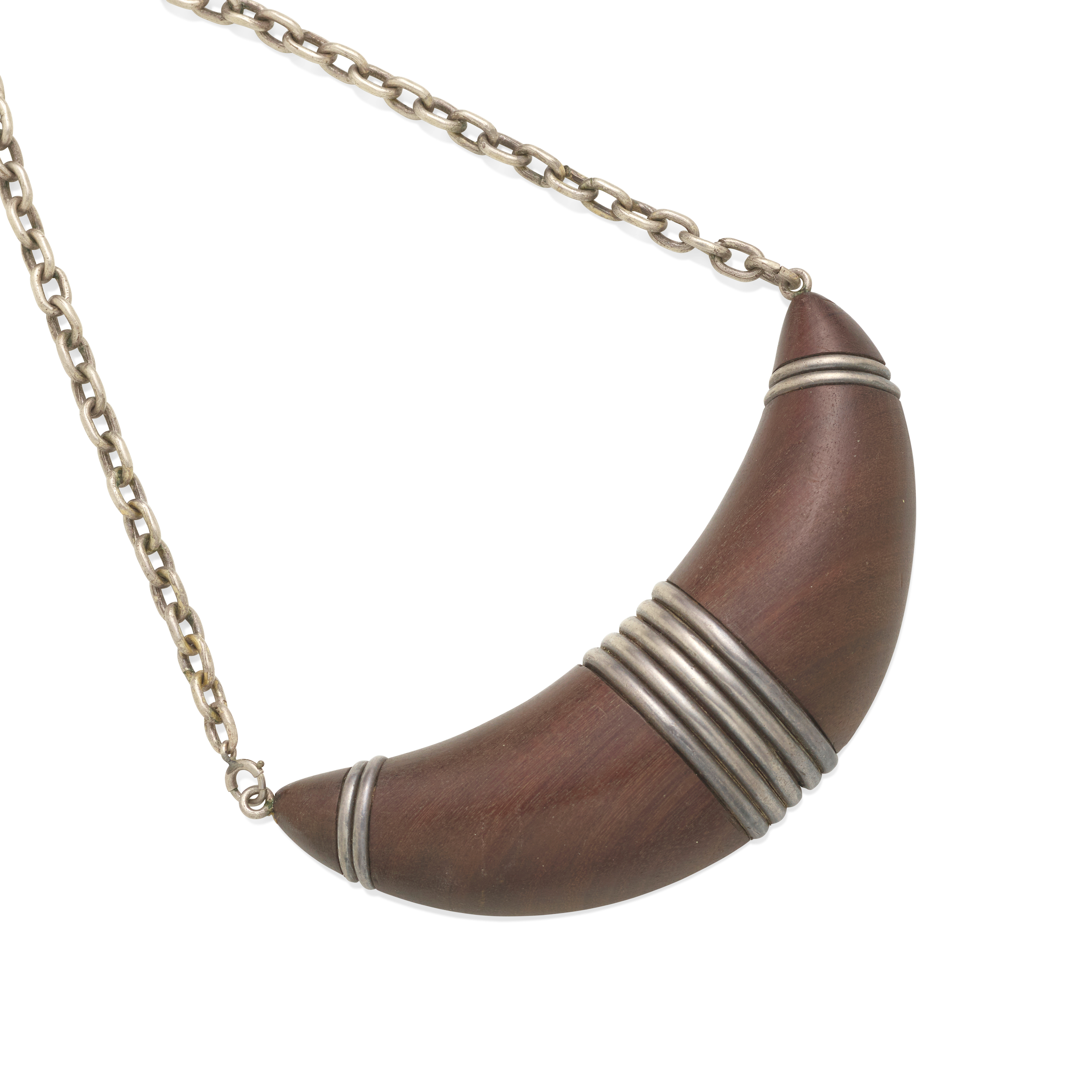 Necklace of a Rosewood Crescent with Silver Wrapped Wire - Photo 1