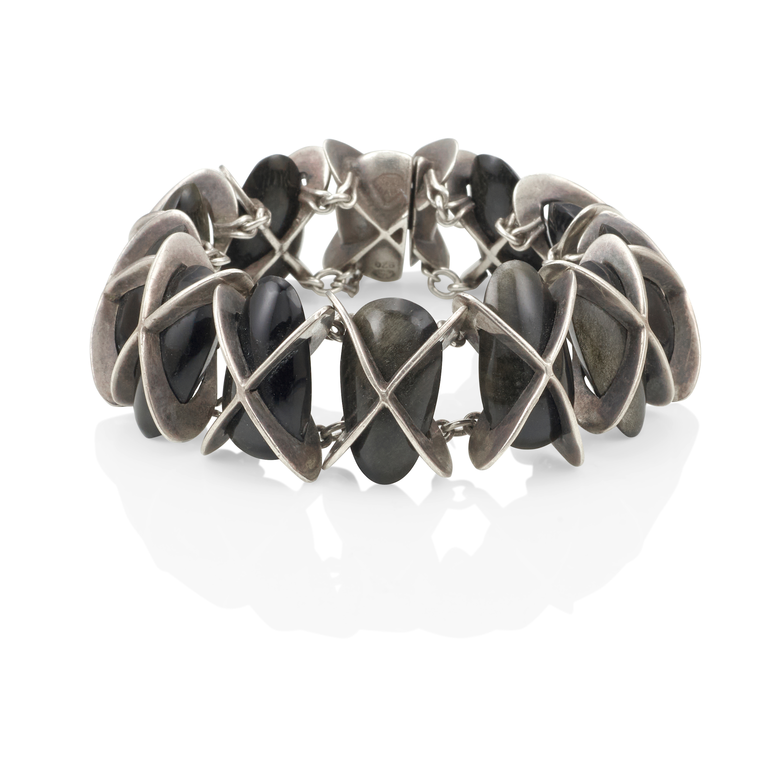 Bracelet with Obsidian Eggs in Intersecting Silver Discs - Photo 1