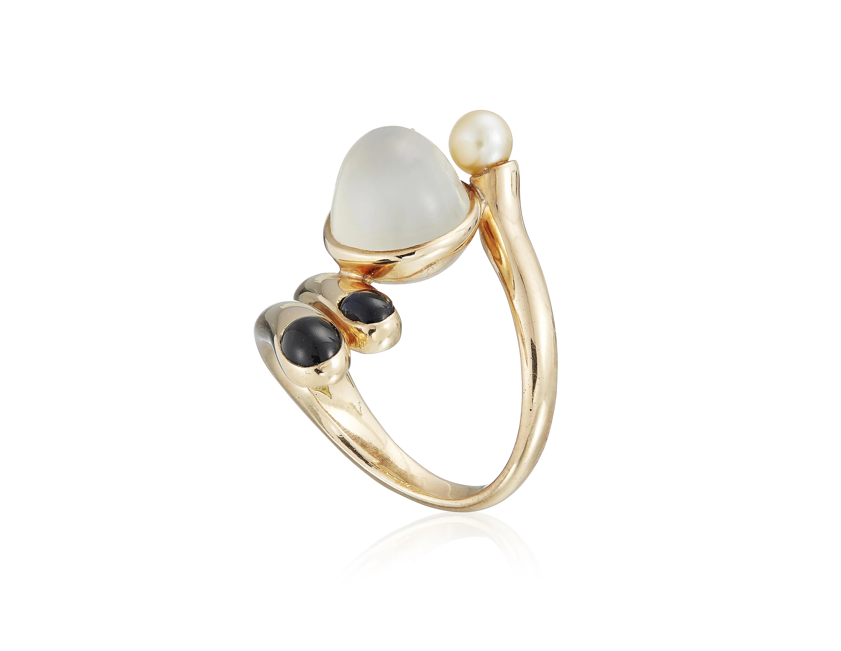 Domed Moonstone and Onyx Gold Ring - Photo 1