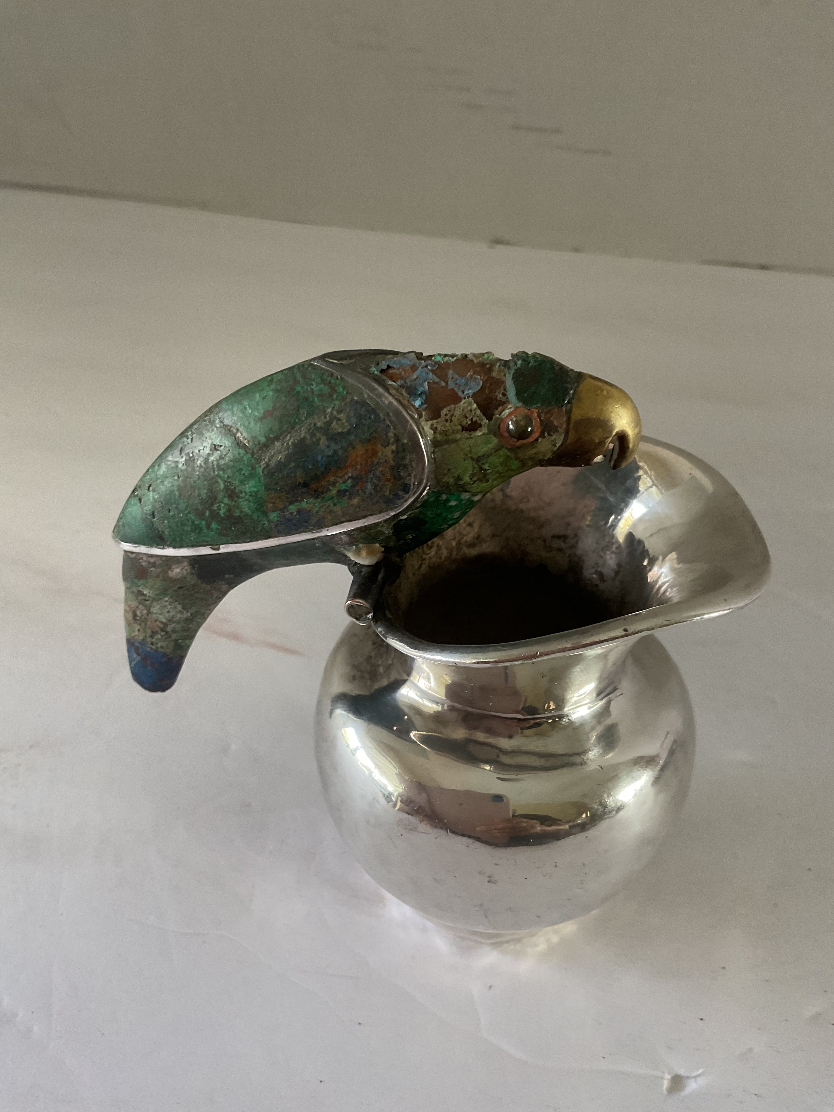 parrot silverplate stone inlay pitcher - Photo 1