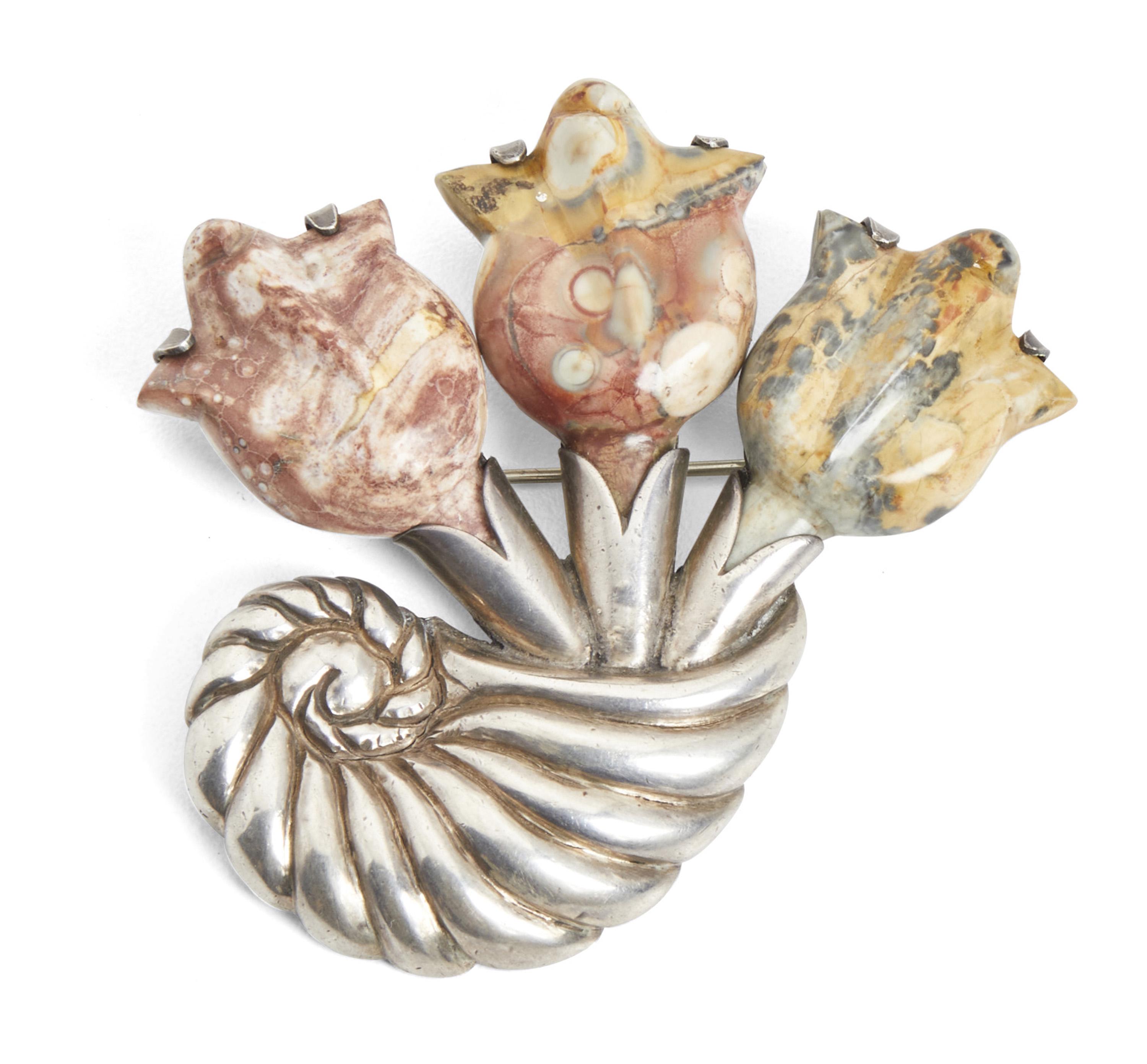 Cornucopia Pin with Three Tulip Shaped Flowers of Chalcedony - Photo 1