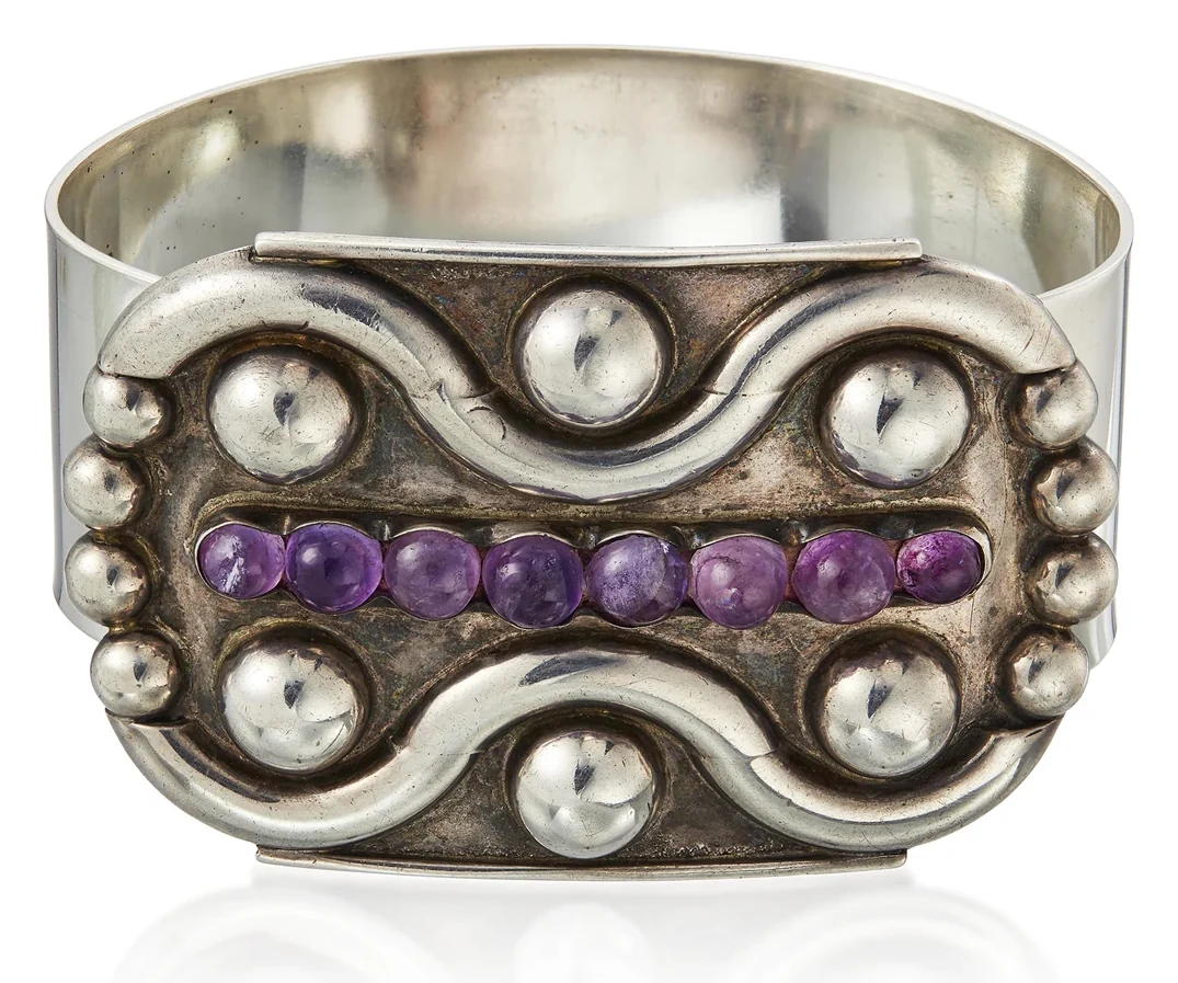 Amethyst and Silver Ball-and-Wave Cuff