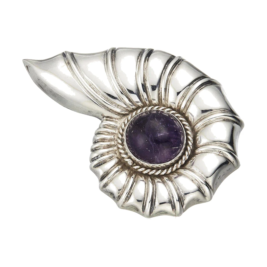 Amethyst and Silver Nautilus Brooch