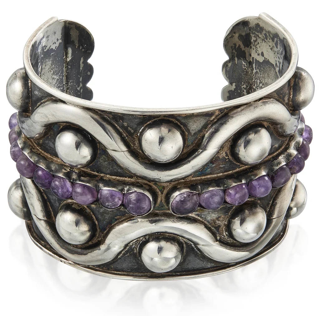 Amethyst and Silver Wave-Band Cuff