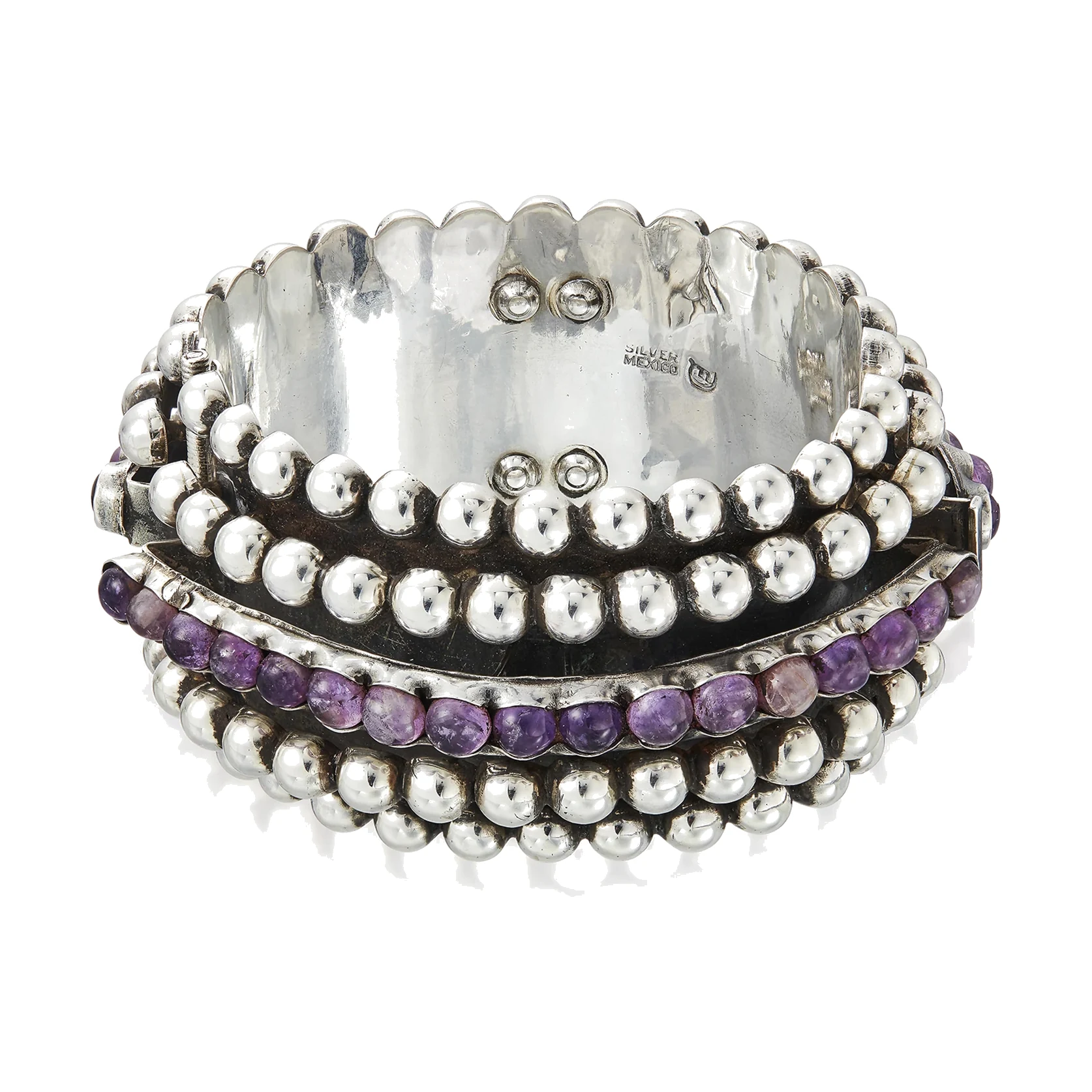Beaded Amethyst Silver Bangle Bracelet - Photo 1