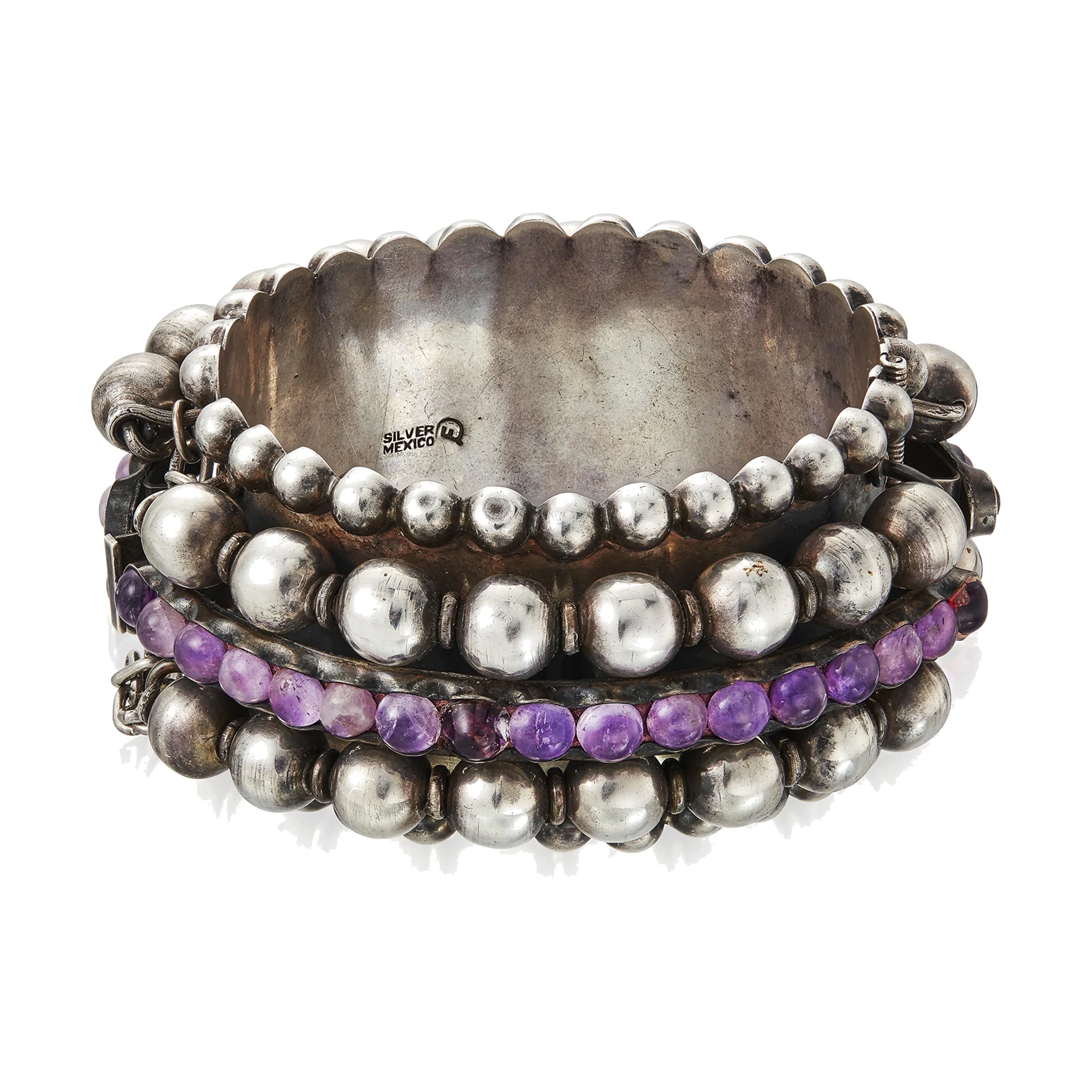 Beaded Amethyst Silver Bangle Bracelet - Photo 1