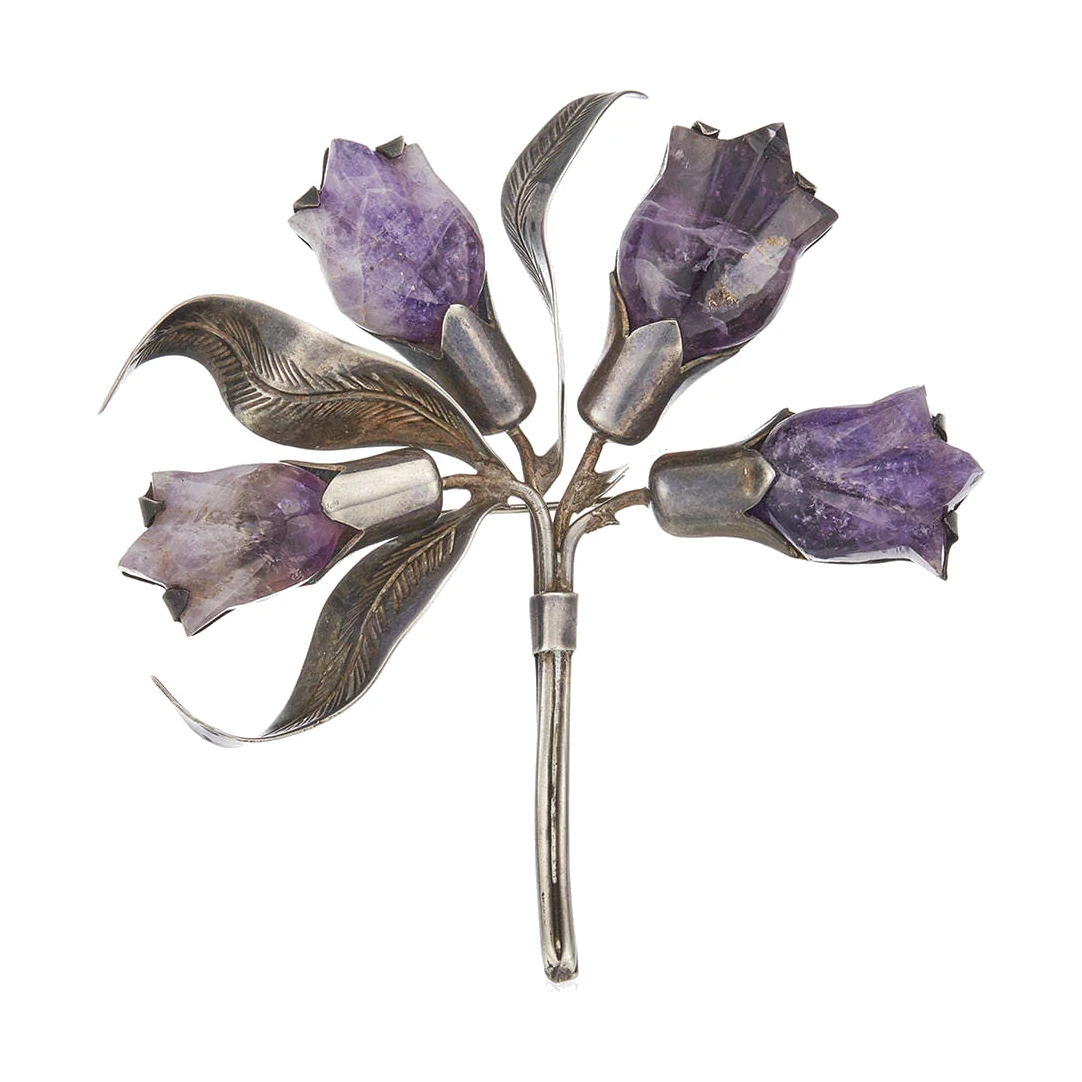 Carved Amethyst Flower Brooch