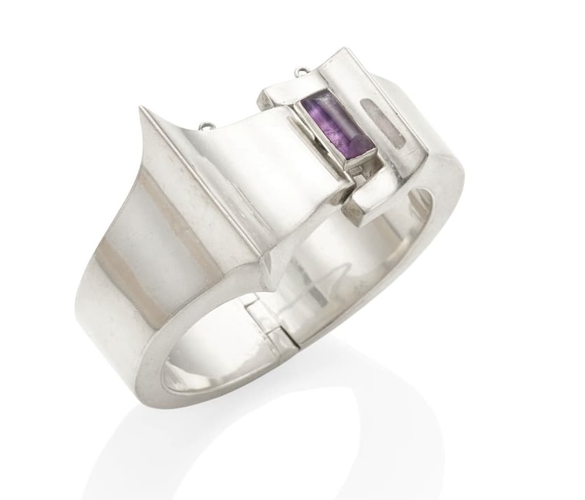 Architectural cuff with amethyst closure