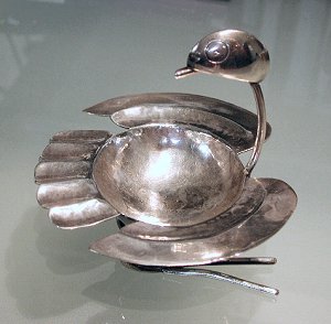 Tall Whimsical Silver Bird Ashtray with a Hand Hammered - Photo 1