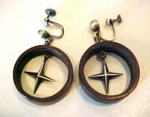 Earrings of a Rosewood Circle with a Dangling Four Pointed - Photo 1