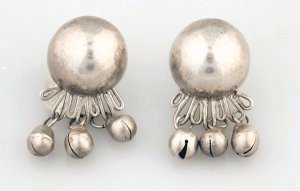 Early Silver Half Ball Earrings with Three Cascabel Drops - Photo 1