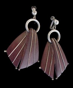 Rosewood Ribbon Earrings with Silver Wire Lines Terminating - Photo 1