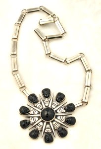 Aztec Sunburst Necklace with Carved Obsidian Faces Around - Photo 1