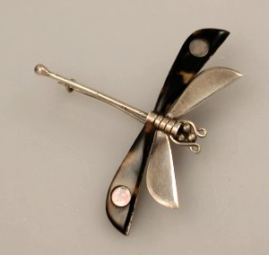 Larger Silver Dragon Fly Pin with Tortoise Shell Wings - Photo 1