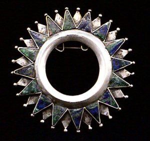 Circular Silver Pin with Triangles of Azur Malachite - Photo 1