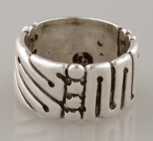 Wide Silver Ring with 3 Designs Separated by Row of Circles - Photo 1