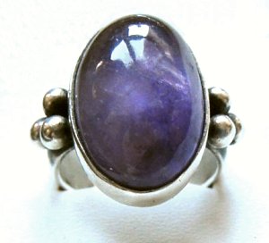 Ring of an Oval Amethyst Cabochon Has Three Silver Beads - Photo 1