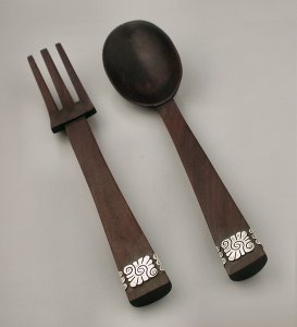 Rosewood Salad Servers with Decorated Silver Bands - Photo 1